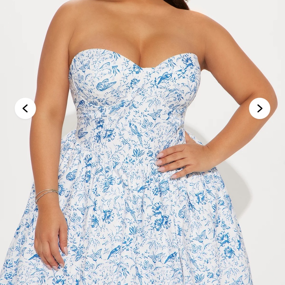 Fashion Nova Blue and White Strapless A-line Dress